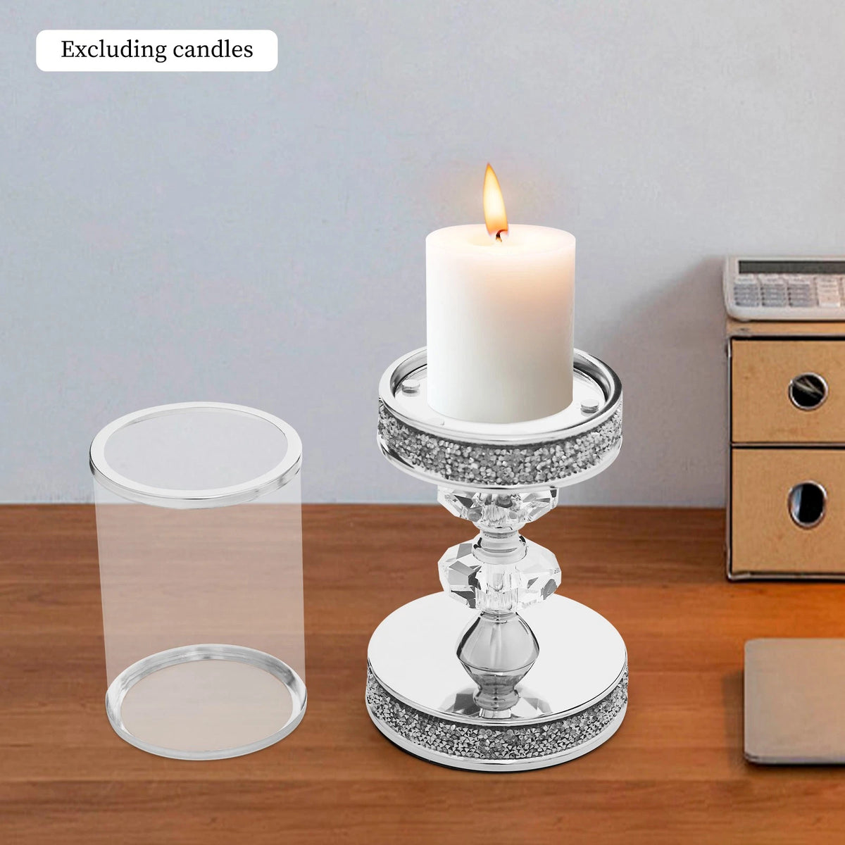 Glass Hurricane Candle Holder with K5 Crystal, Silver Metal