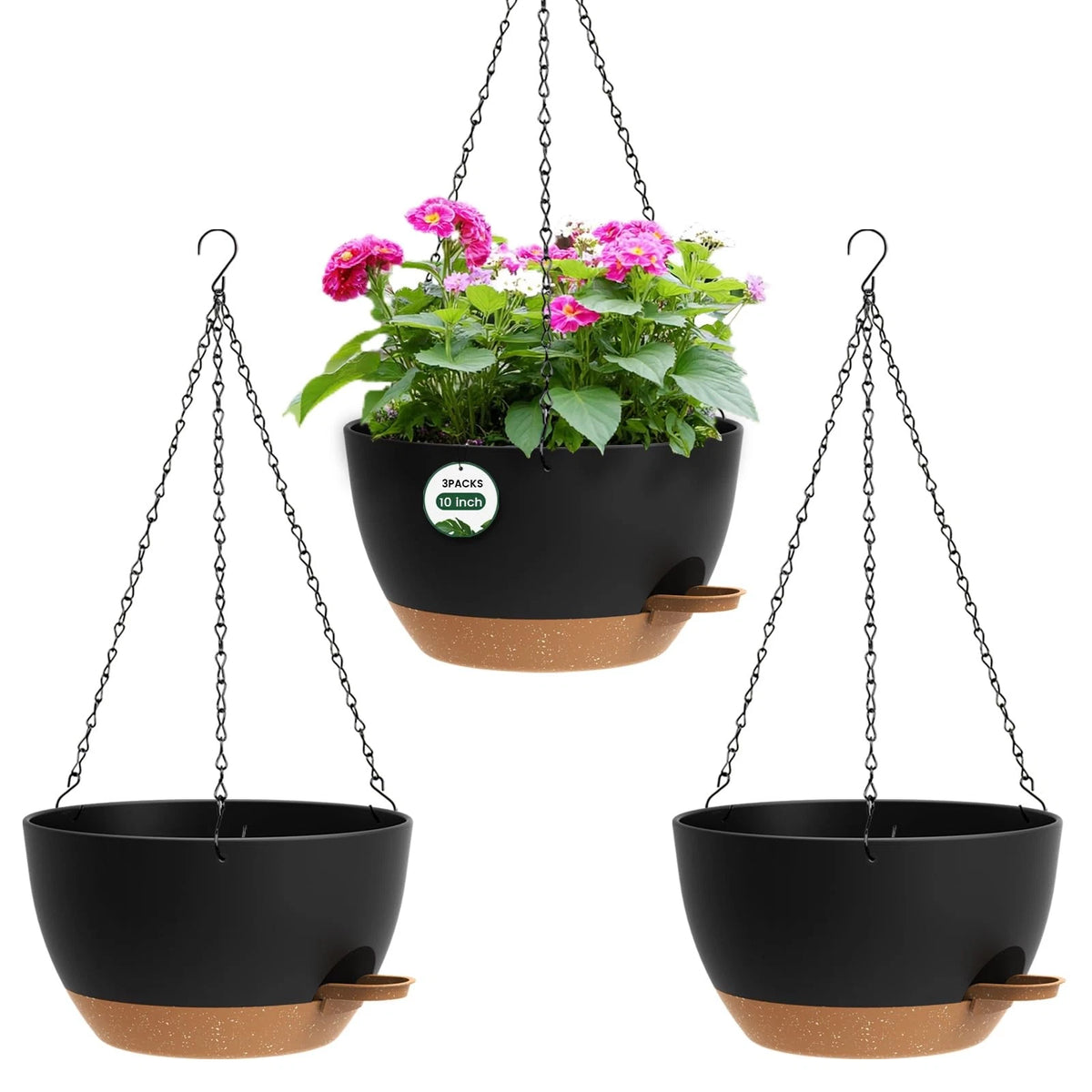 3 Pack 10 Inch Hanging Flower Pots with Chains for Garden Decor