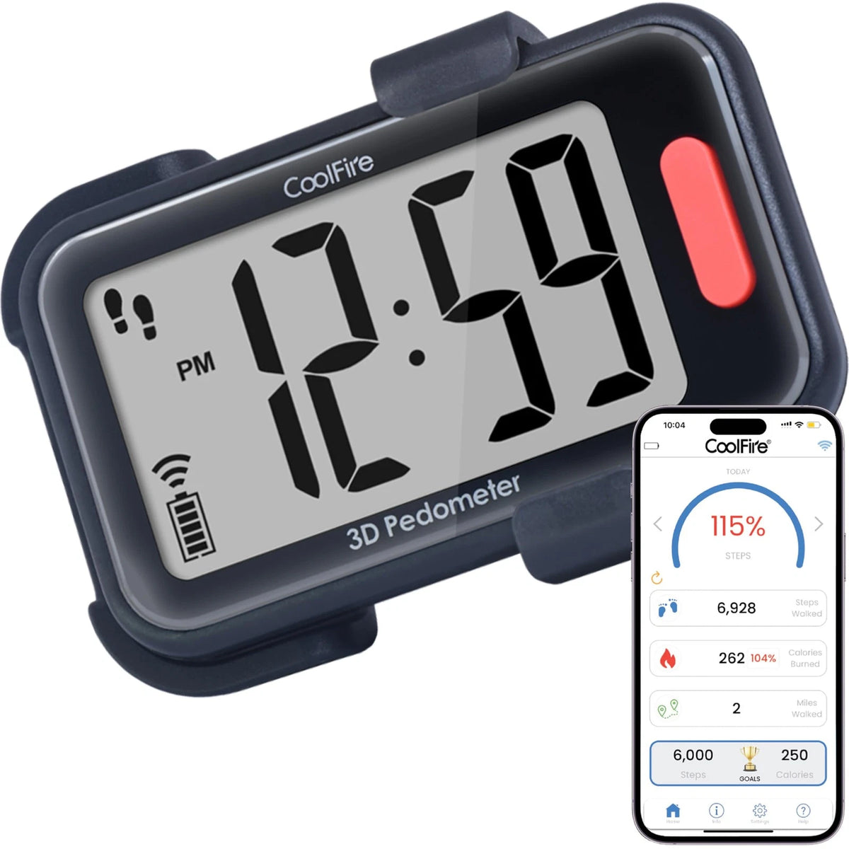 3D Pedometer Step Counter for Walking (Clip-On, Mat Black)