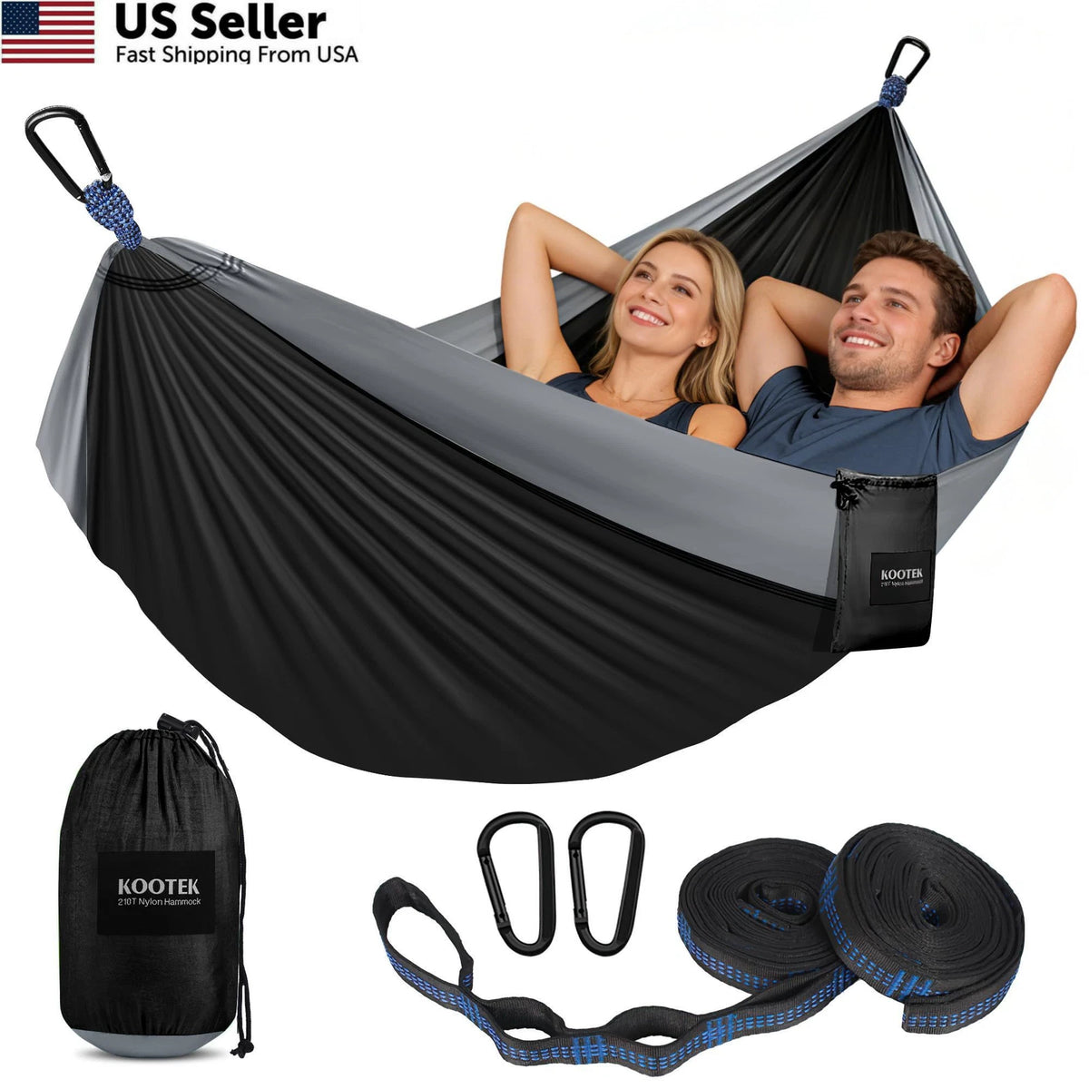 Set of 2 Portable Camping Hammocks, 500 lbs Capacity, Black & Grey