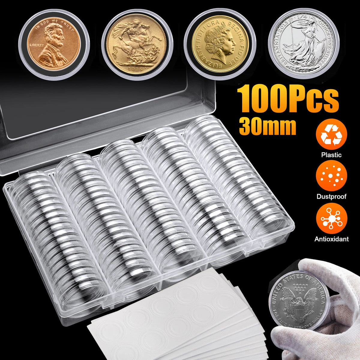 100X 30mm Clear Round Coin Holder Capsule Case with Gasket & Storage