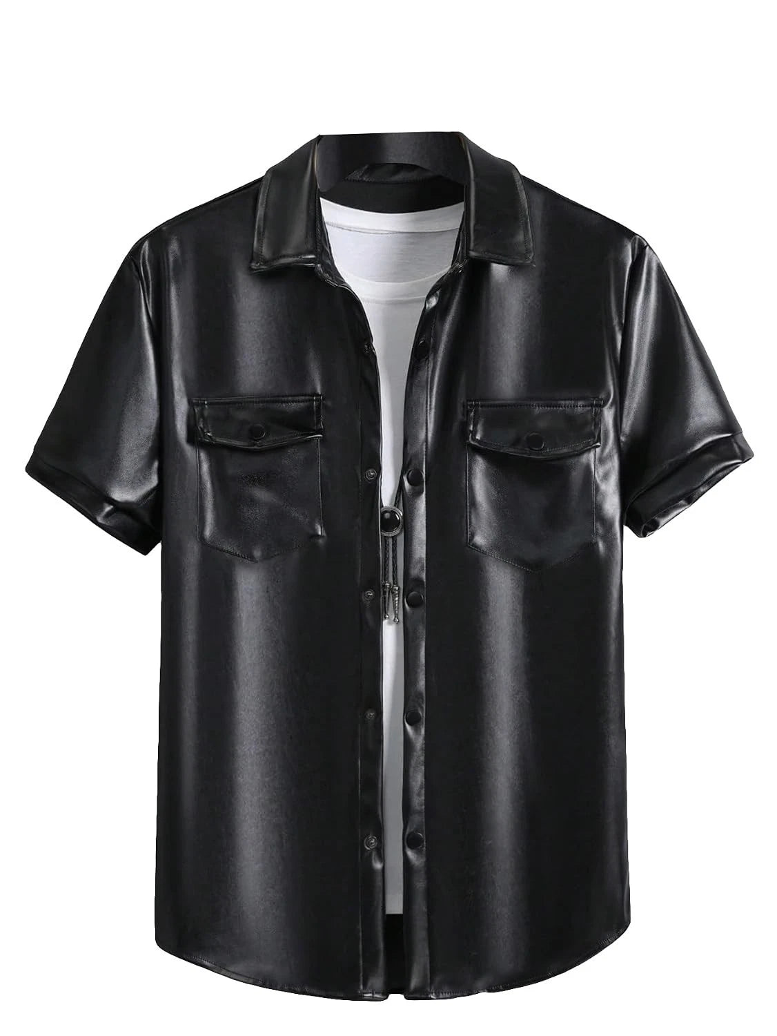 Men's PU Leather Flap Pocket Short Sleeve Button Up Shirt