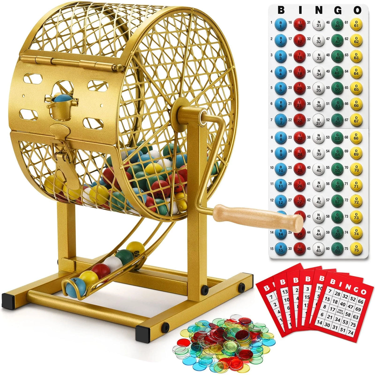 Set of 4 Bingo Game Sets with Steel Cage, 12.6" Tall, Gold
