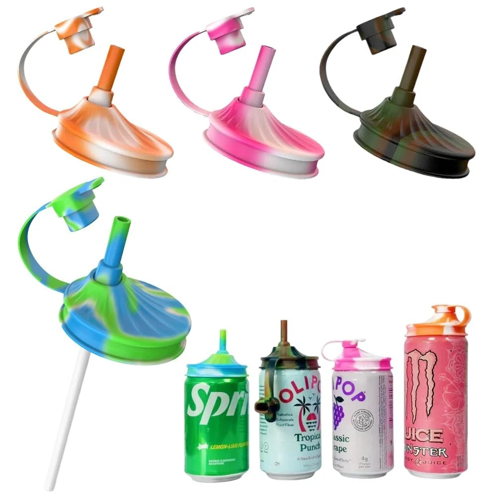 Set of 4 Silicone Soda Can Lids with Straw - Multicolor