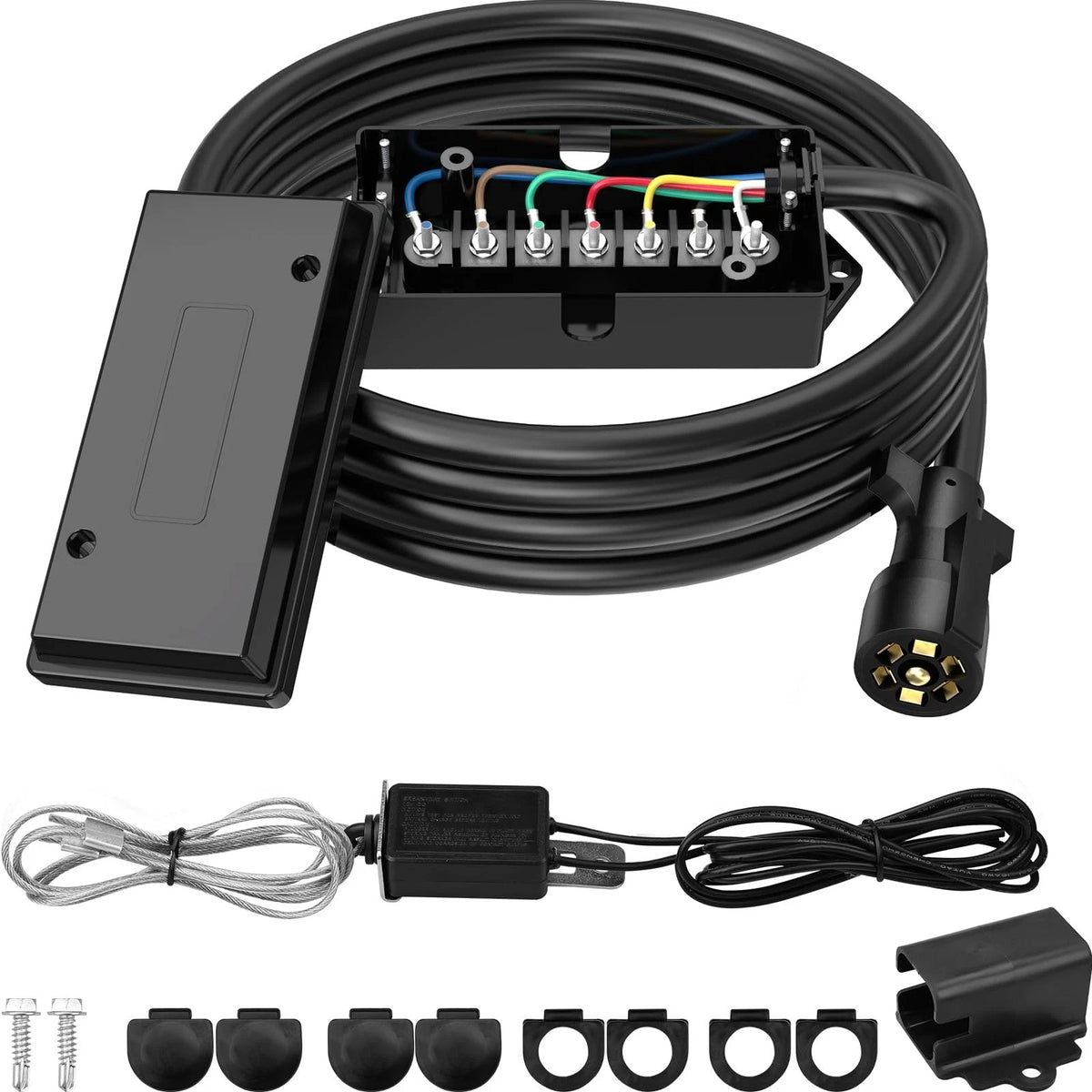 7Way 16' Trailer Cord with Junction Box, Breakaway Switch & Plug Holder
