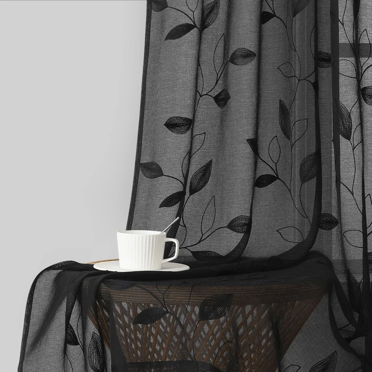 Set of 2 Black Sheer Curtains 52 x 84 Inches with Embroidered Leaf Pattern