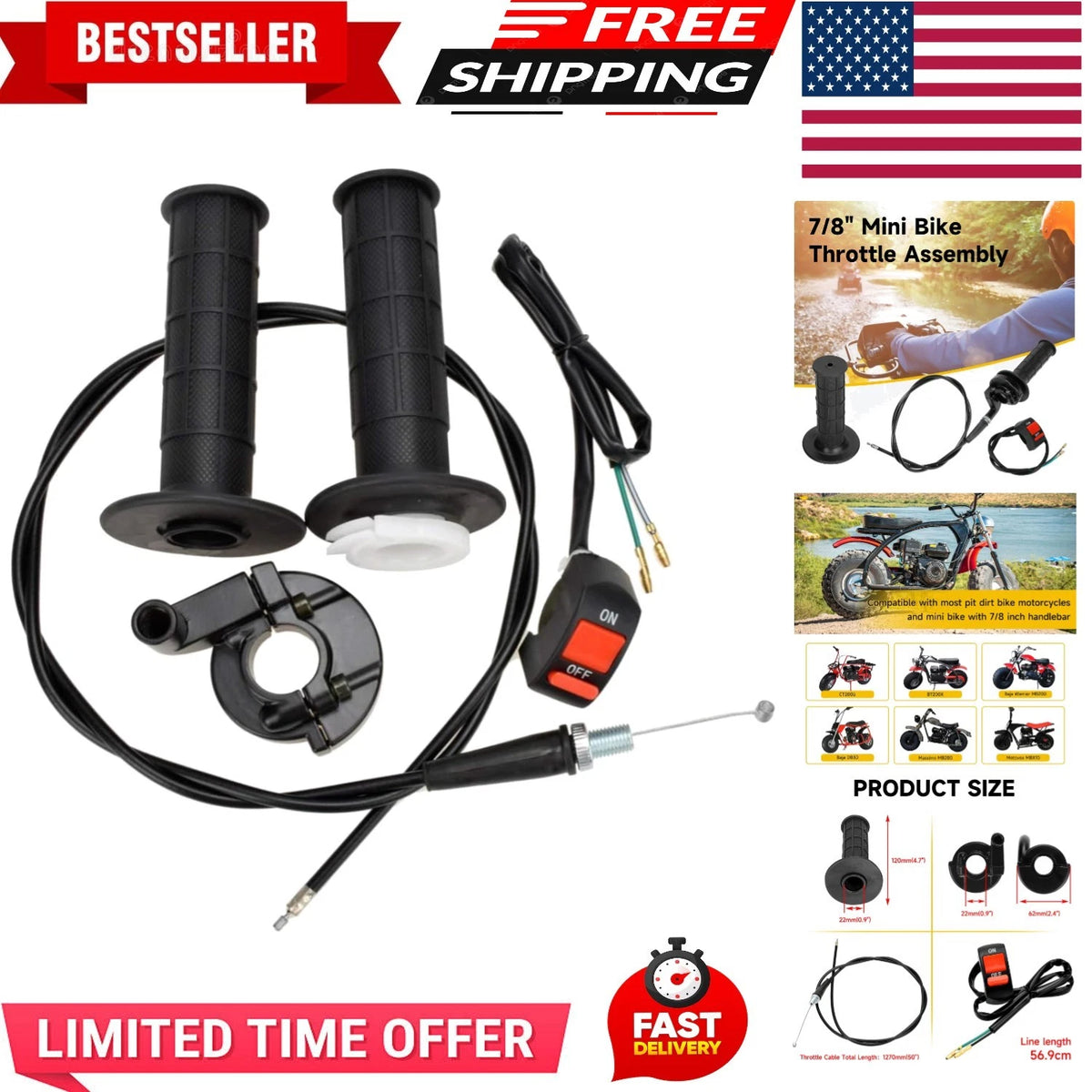 Complete Twist Throttle Assembly with Grip & Kill Switch for Go-Kart & Mini Bike