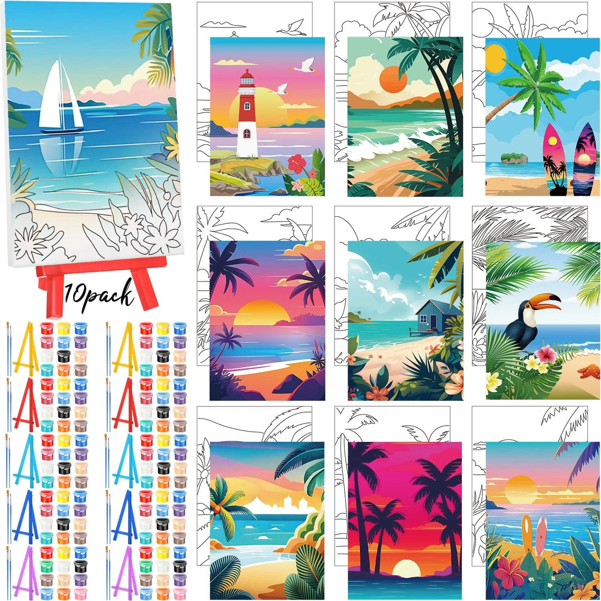 Set of 10 Pre Printed Canvas Painting Kits with Easels 5" x 7"