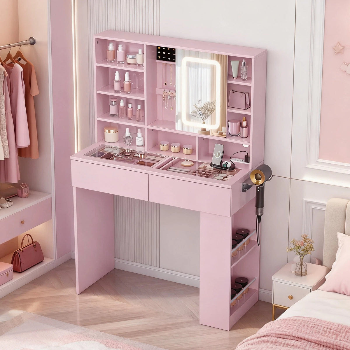 LED Vanity Table with Mirror & Jewelry Storage Charging Station