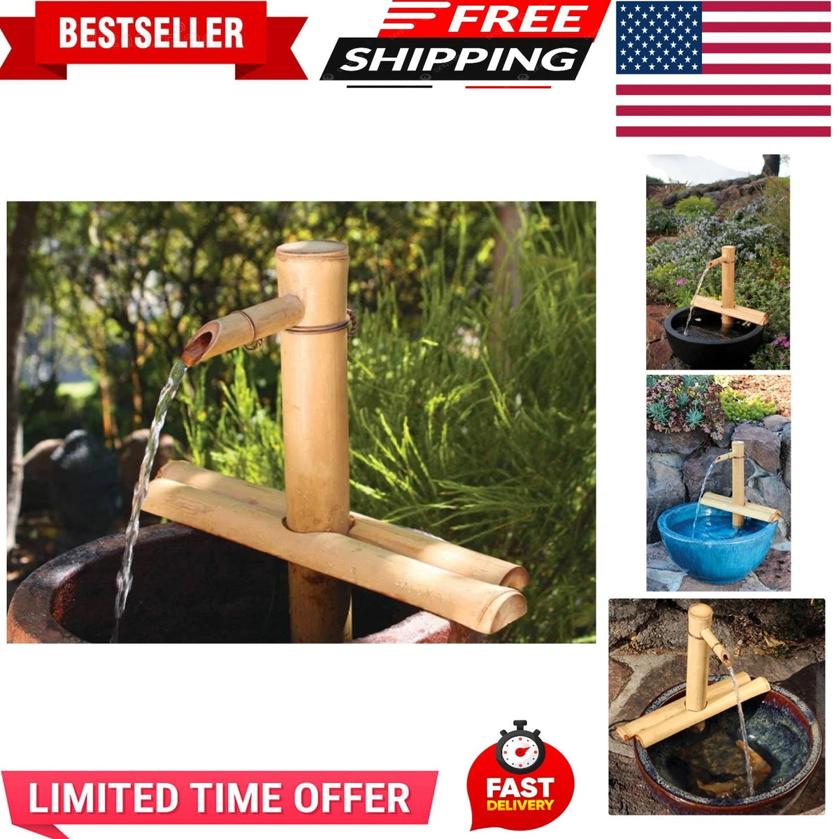 Bamboo Water Fountain with Pump for Backyard Deck Patio Decor