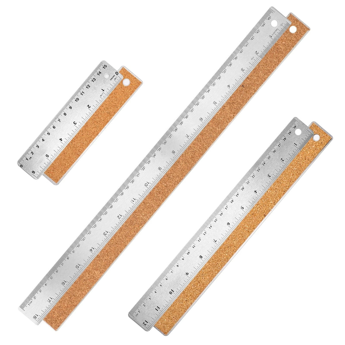Metal Ruler Set of 3 with Cork Backing - 6, 12, 18 Inch Stainless Steel