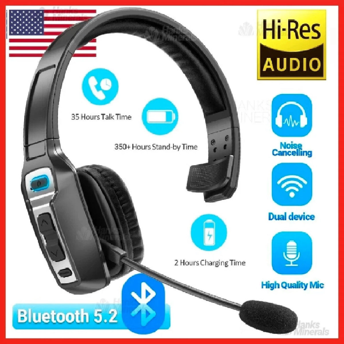 Bluetooth 5.2 Wireless Headset with Noise Cancelling Mic for Phones PC