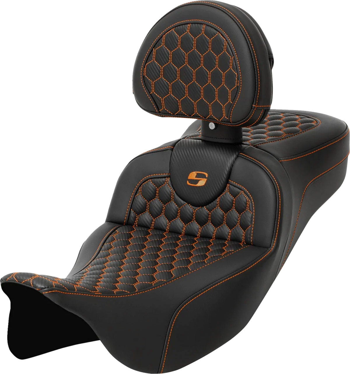SADDLEMEN RoadSofa Seat for Motorcycle (with Backrest, Honeycomb, Orange Stitch)