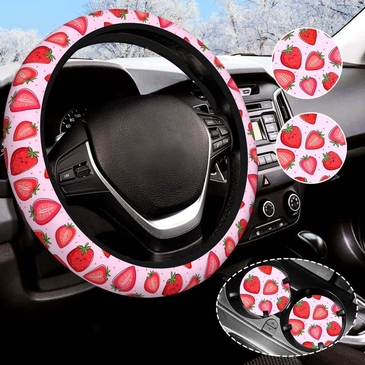Steering Wheel Cover & Car Coasters for Universal Fit (14.5")