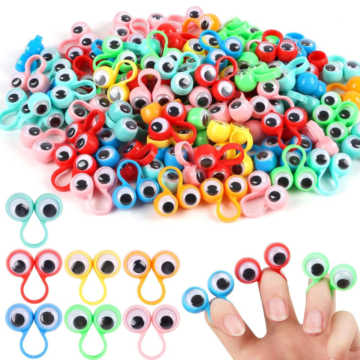 100 Pcs Eye Finger Puppets - Multicolor Googly Eyeball Rings