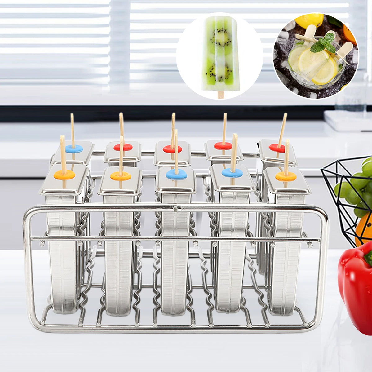 10Pcs Stainless Steel Stick Molds for Ice Cream Pops (Summer)