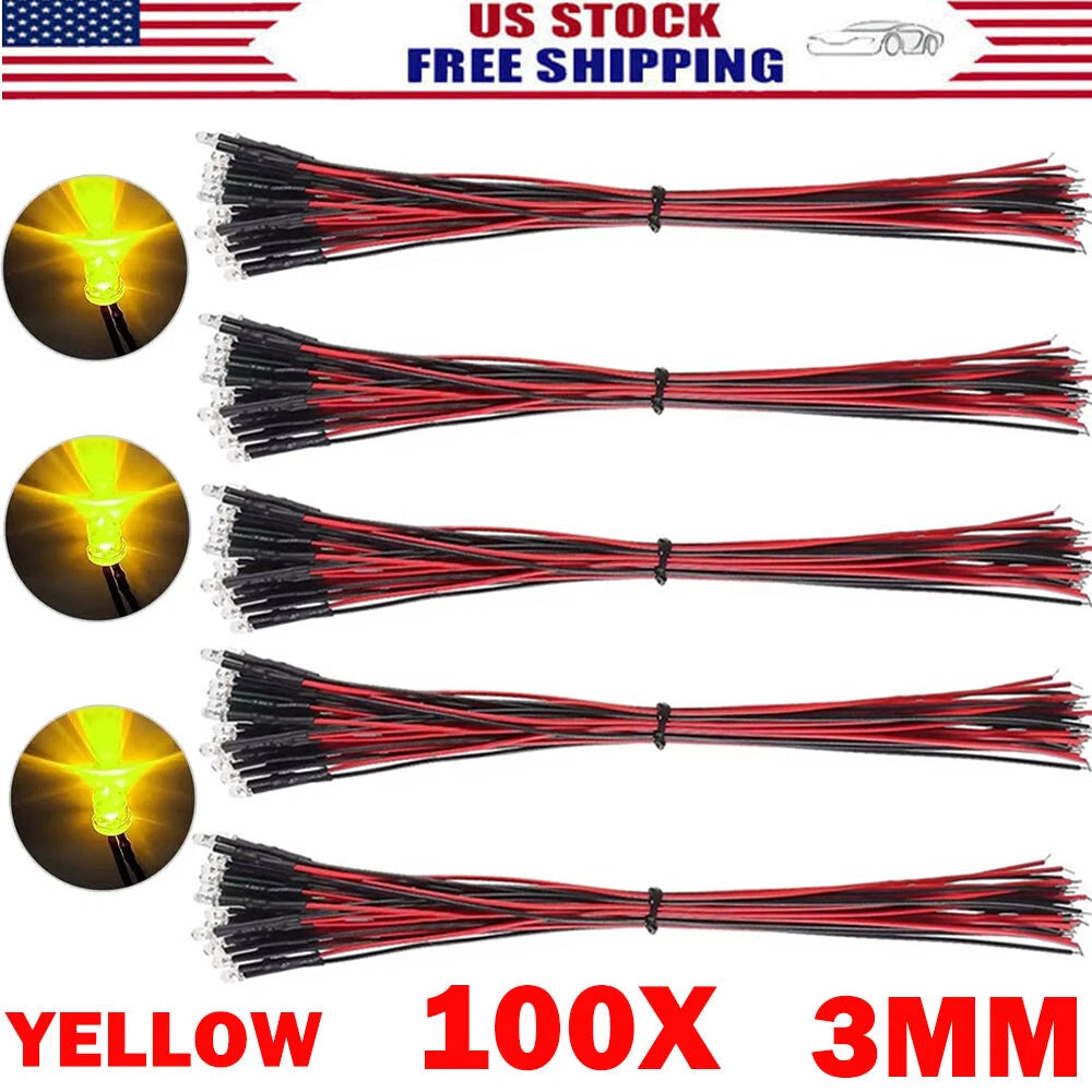 100X 3mm Yellow Pre Wired DC 5V-12V Micro LED Lights (Emitting Diodes)