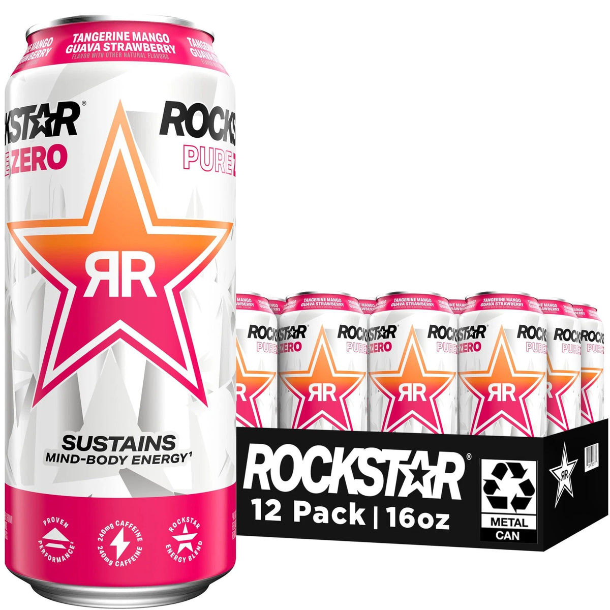 Pack of 12 Rockstar Pure Zero Energy Drink Tangerine Mango Guava 16 Fl Oz