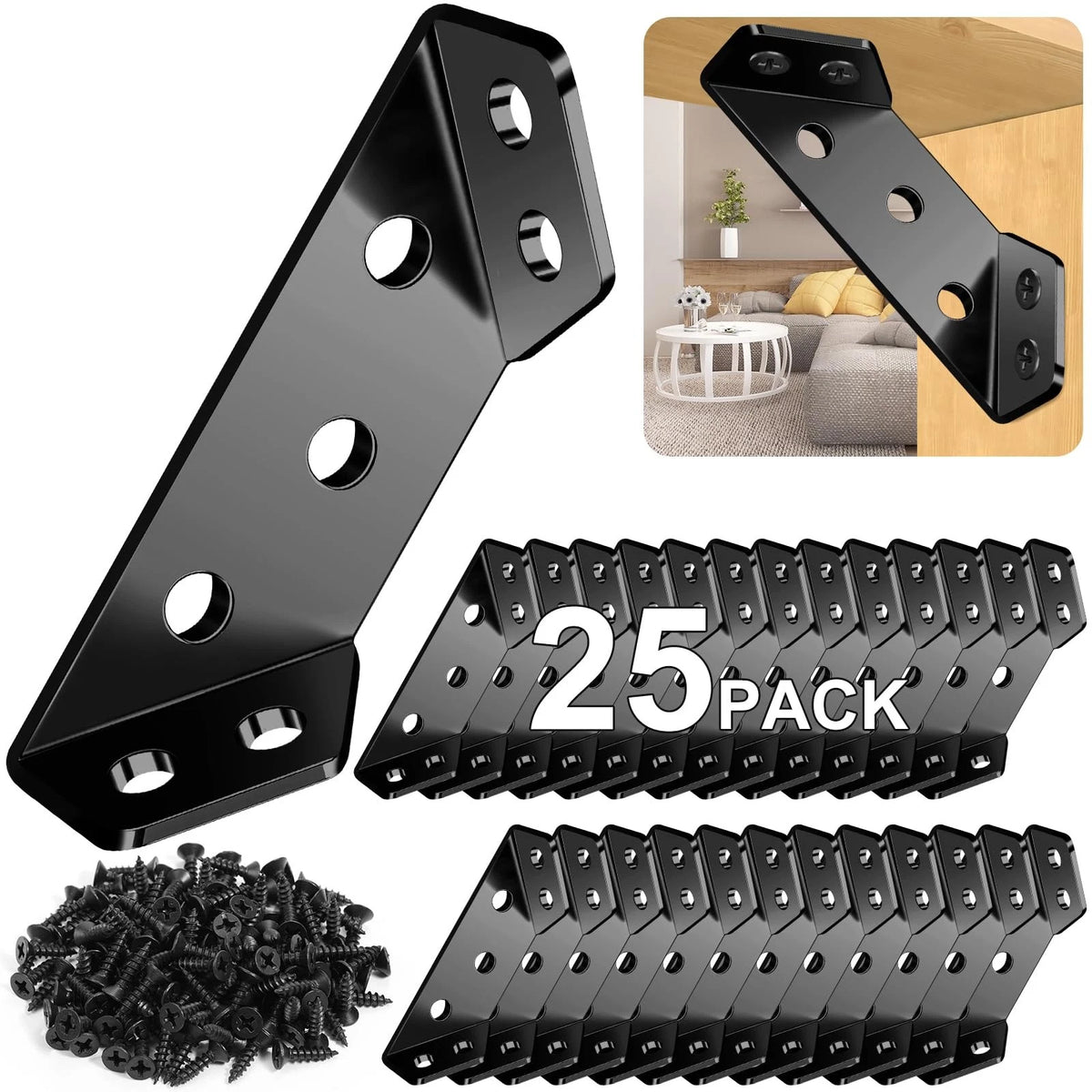 25PCS Corner Brackets for Wood with 150 Screws - Black Metal