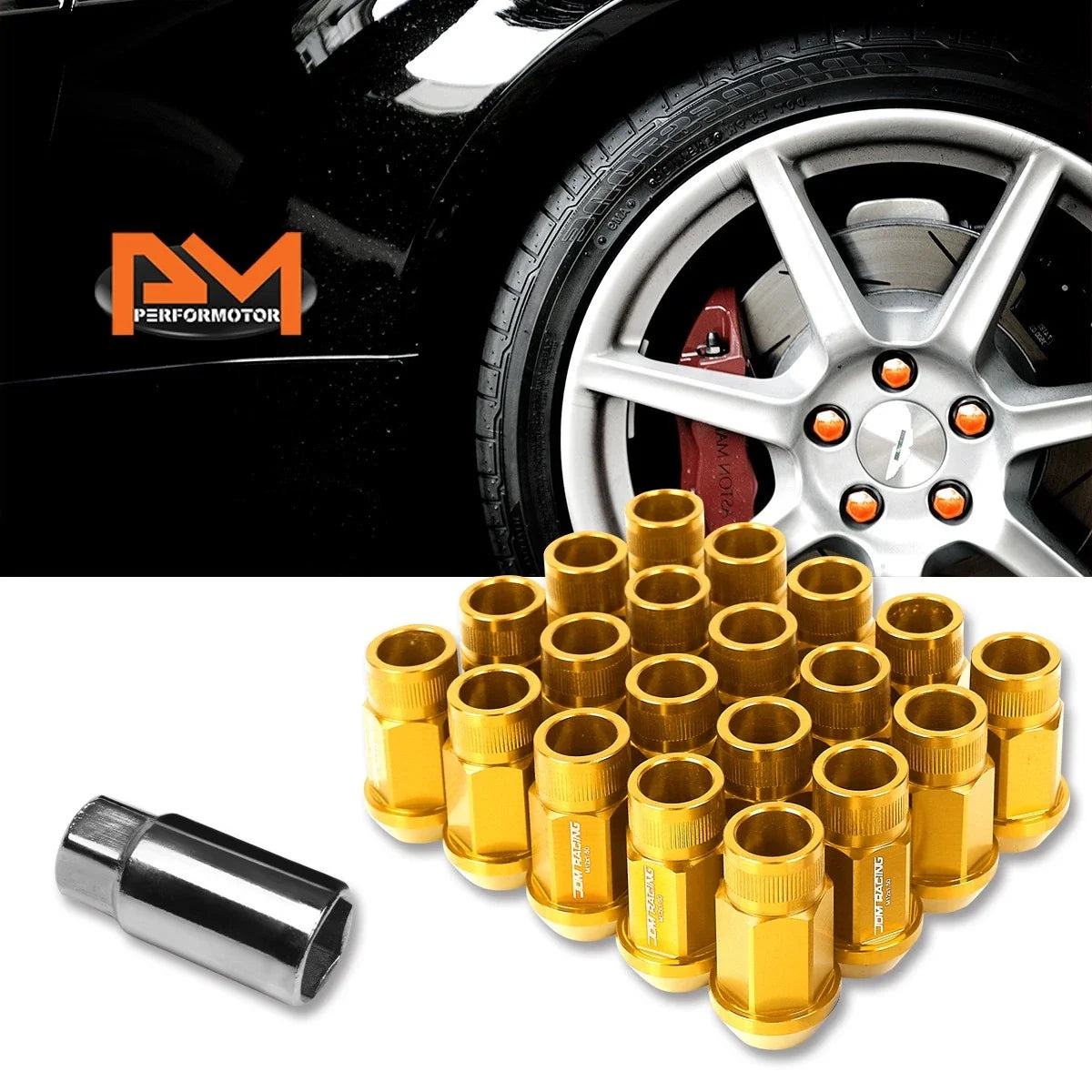 20Pc M12X1.5 Gold JDM Open End Bulge Hex Wheel Lug Nuts + Extension 25mmx44mm