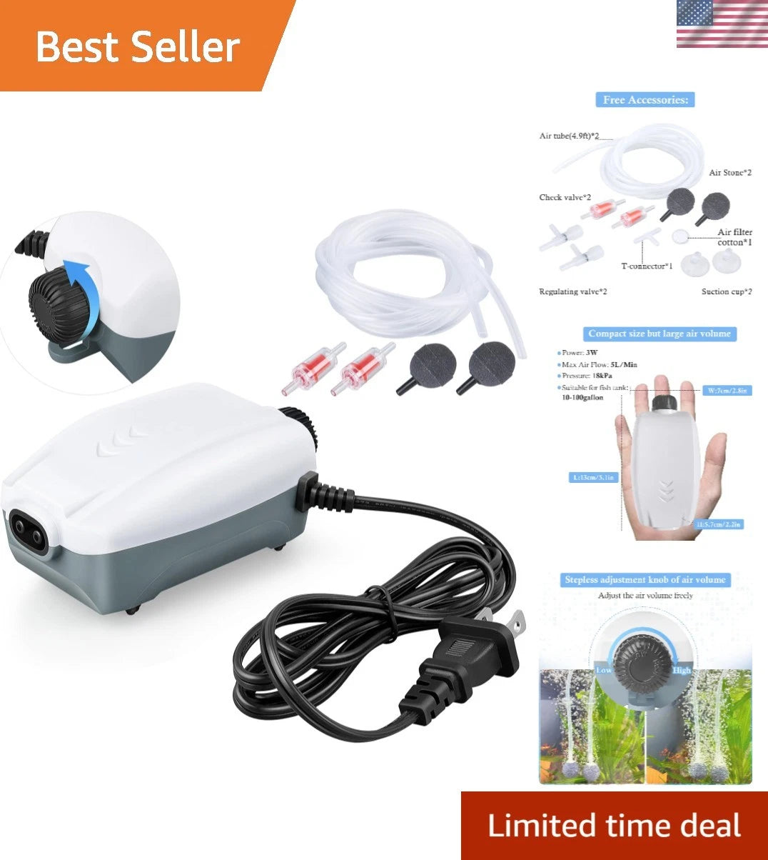 Adjustable Fish Tank Aerator for Up to 100 Gallons