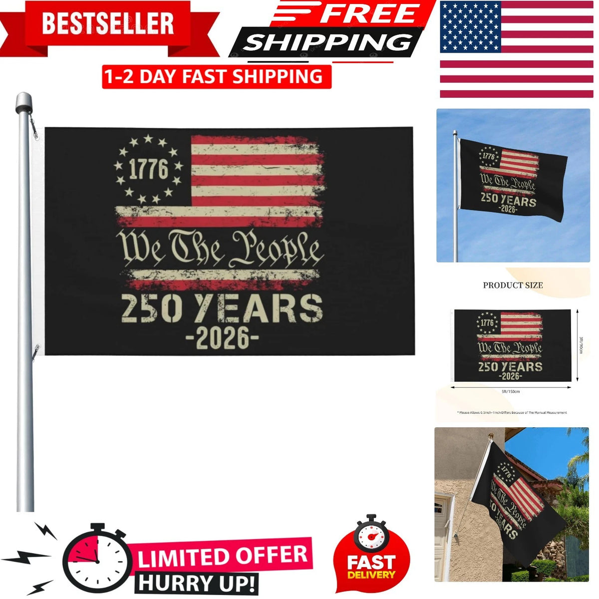 3x5 Ft Double Sided USA Flag Banner (1776–2026)