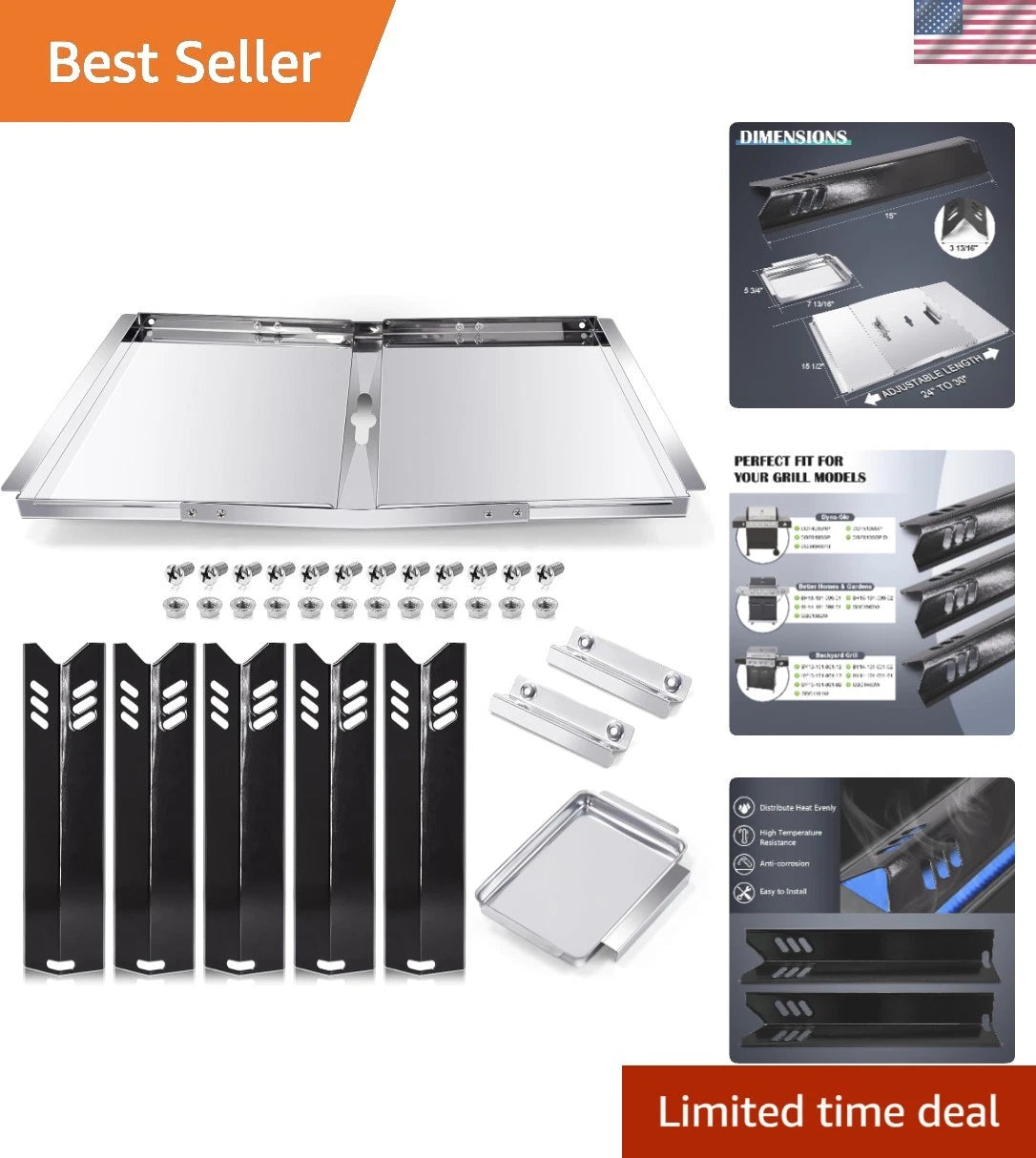 Adjustable Drip Pan & 5 Heat Plates for Dyna Glo Grill (24''-30'')