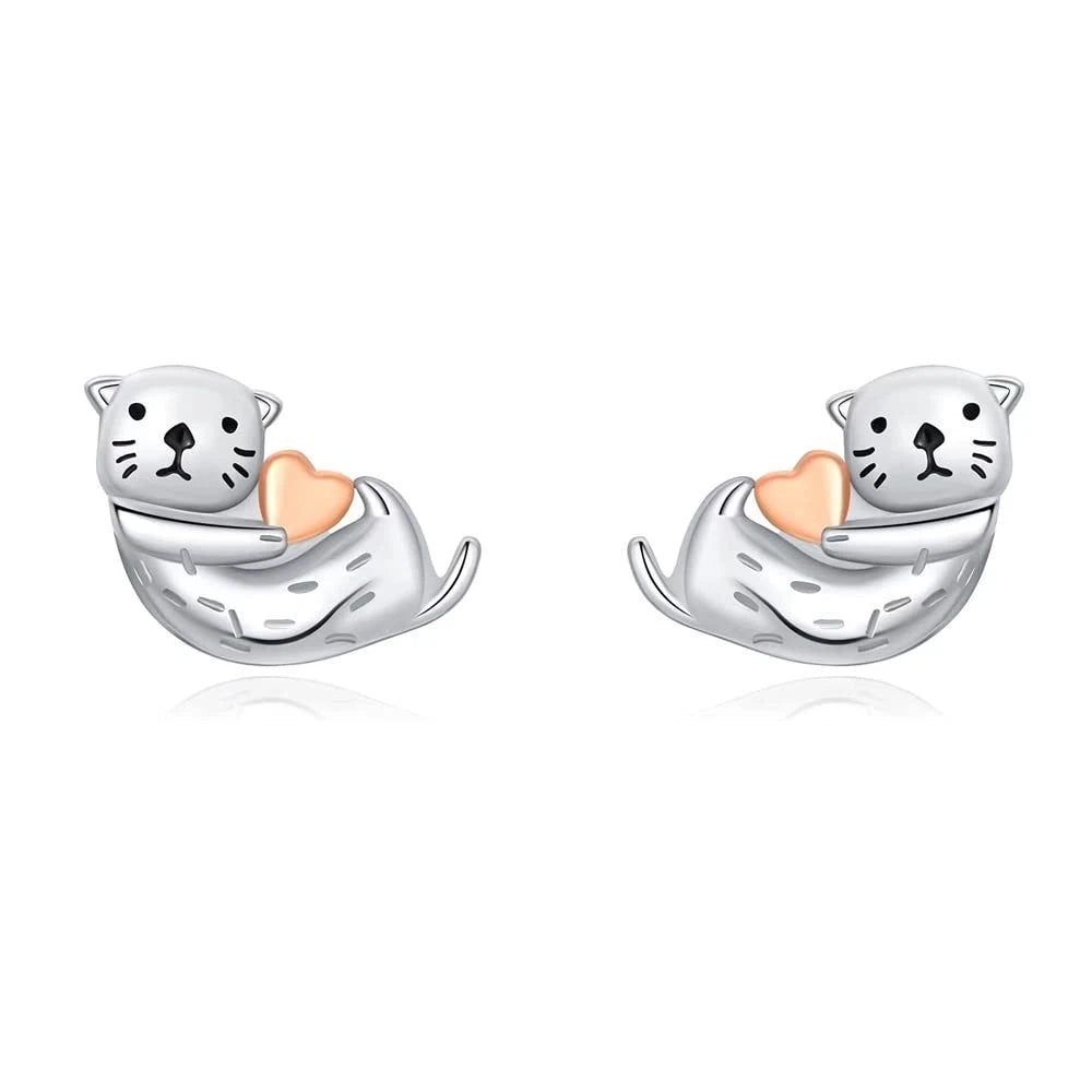 Tiny Cute Sea Otter Stud Earrings 925 Sterling Silver Post