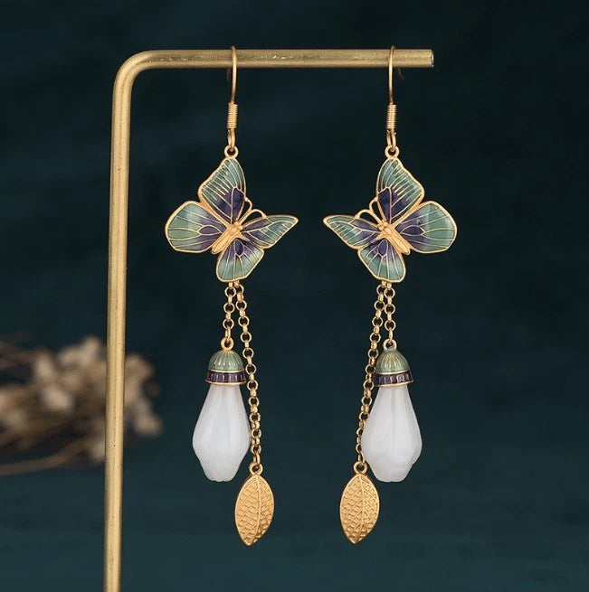 Set of 2 Bohemian Drop Dangle Earrings Flower Gemstone Butterfly Gold Plated