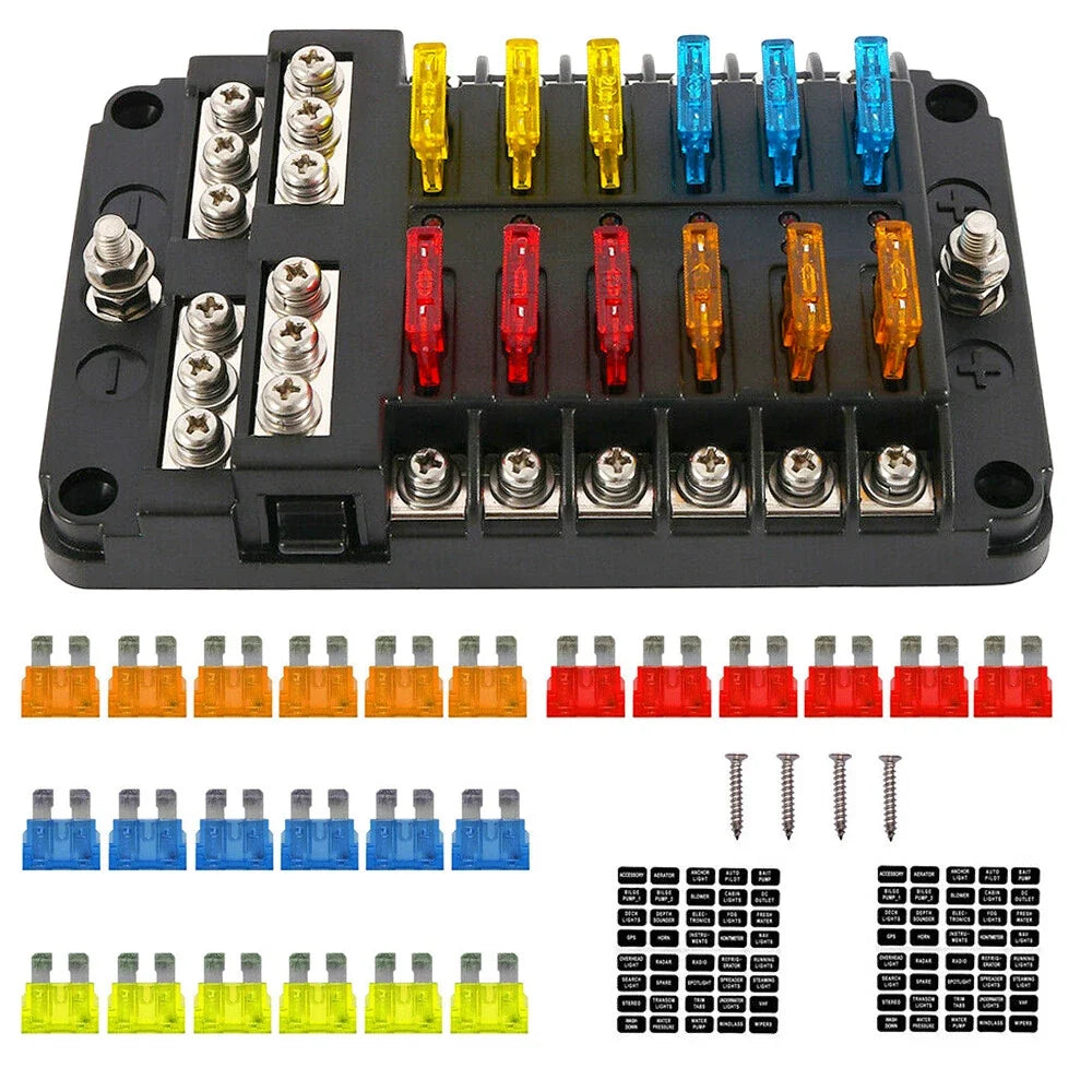 12 Way Blade Fuse Box Holder with LED Indicator for Auto Marine Boat (12V)
