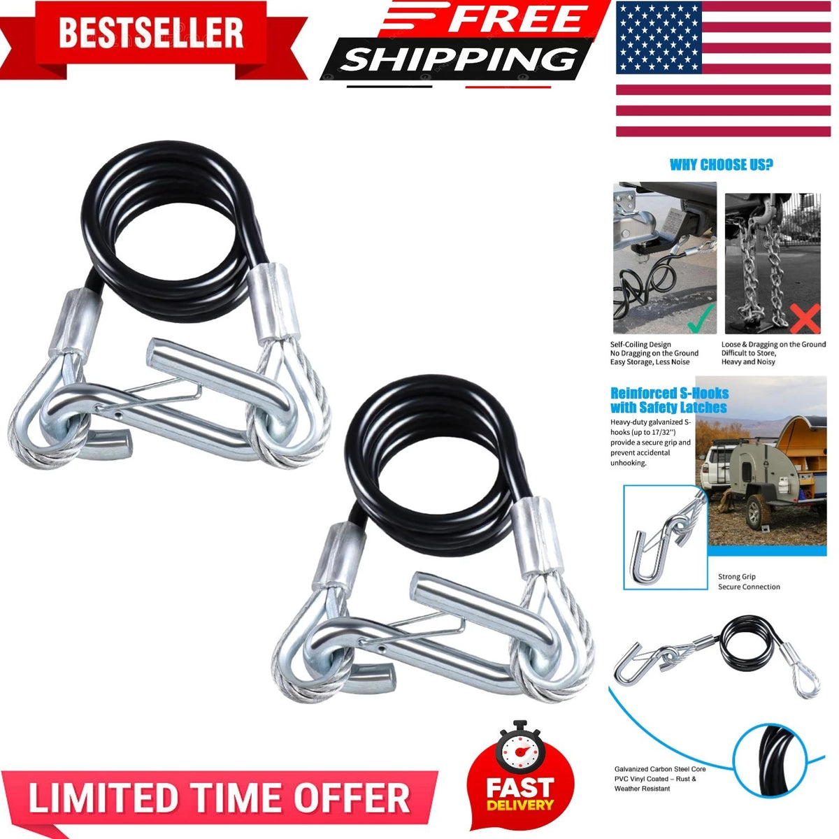 2X Safety Cables with Snap Hooks for Truck Boat Trailer (7500 lbs)