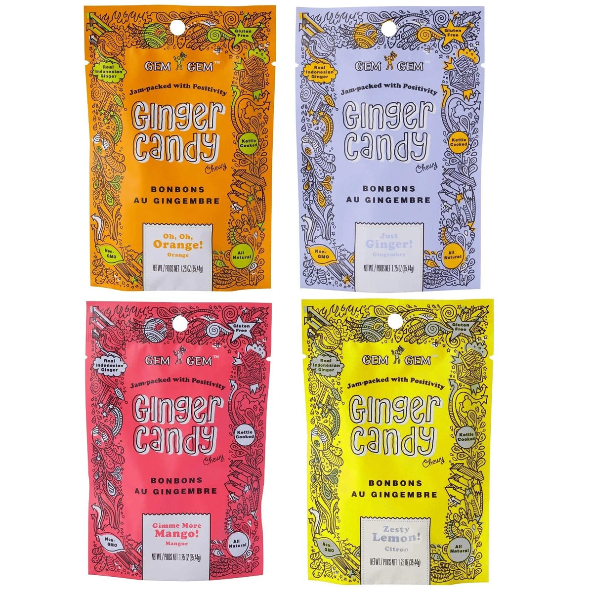 Pack of 4 Gem Ginger Candy Chewy Chews 1.25 Ounce - Assorted Flavors