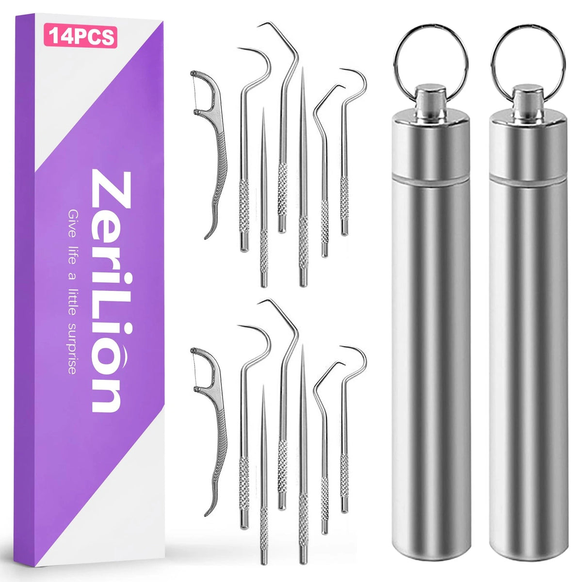 14pcs Stainless Steel Toothpick Set for Reusable Metal Silver