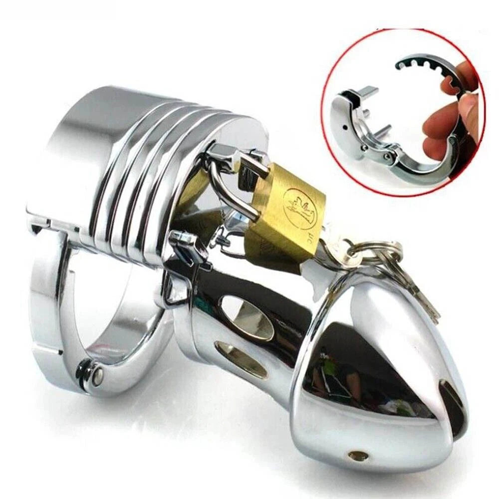 Stainless Steel Adjustable Male Chastity Device Cage Restraint Belt Ring Lock