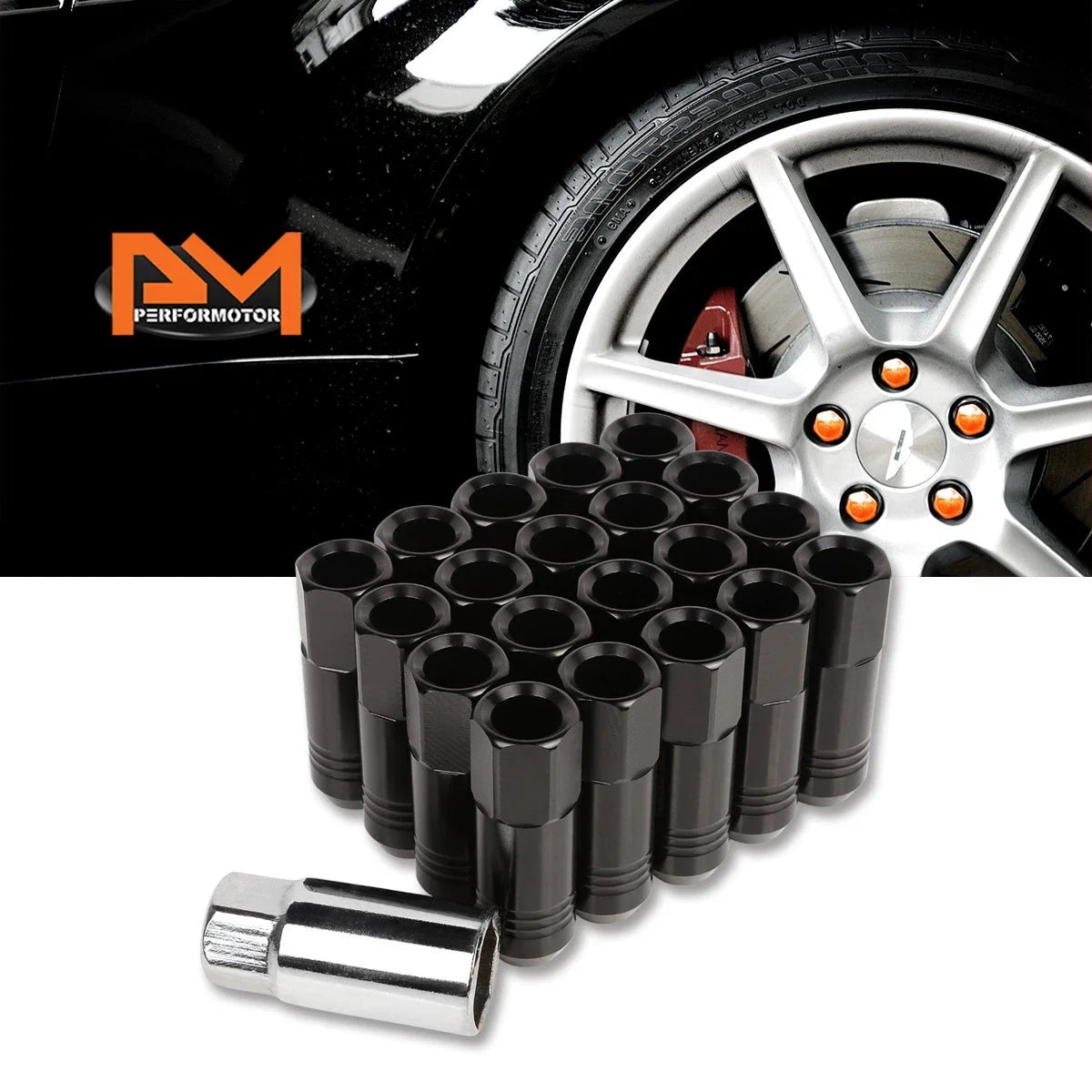 20Pc M12X1.25 Black JDM Open End Conical Wheel Lug Nuts + Extension 20mmx60mm