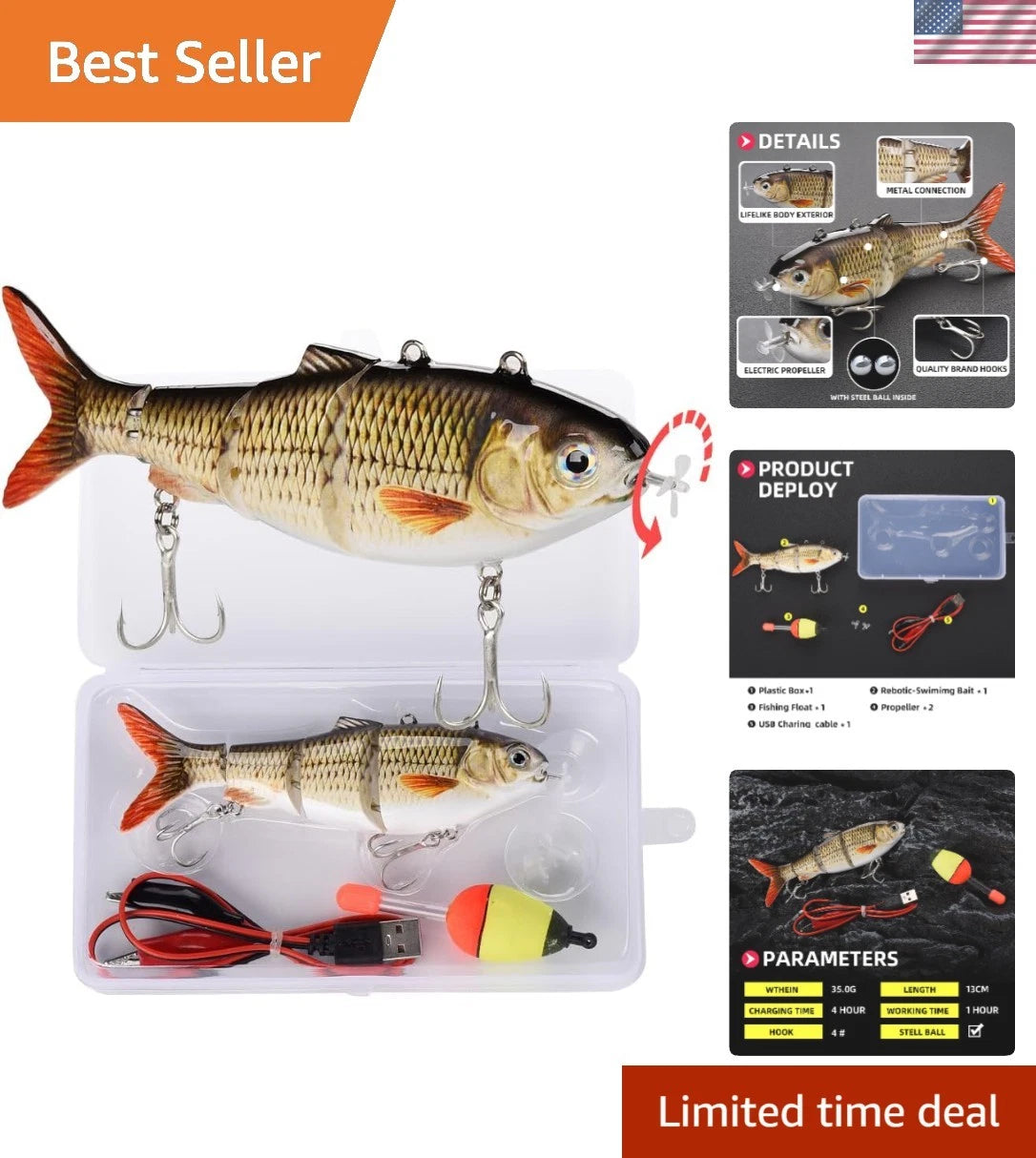 USB Rechargeable LED Robotic Fishing Lure for Anglers (5.12")