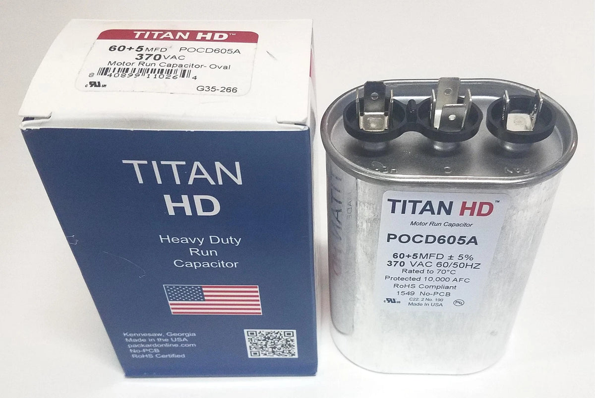Dual Capacitor for American-Made Oval Run (60/5 MFD/UF, 370 Volts)