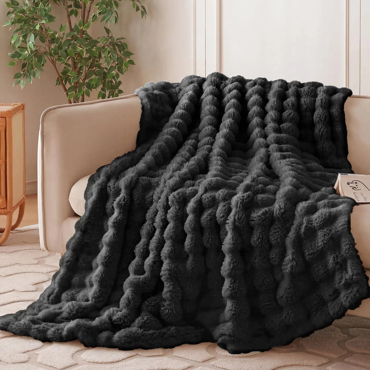 Fluffy Faux Fur Throw Blanket 90x90 for Couch Bed - Luxury Soft Thick Fuzzy
