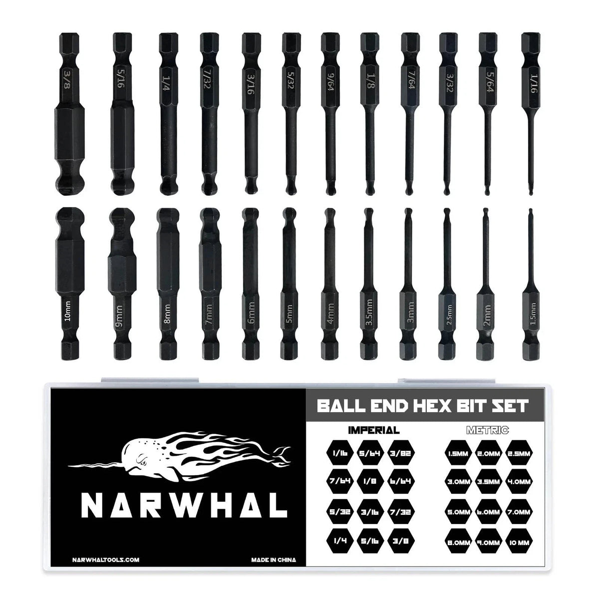 24 Pack Ball End Hex Allen Wrench Drill Bit Set - Metric & SAE Sizes