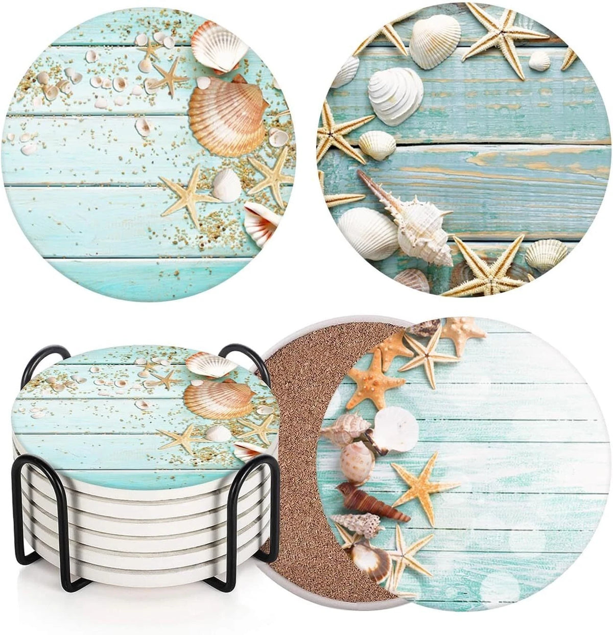 Set of 6 Wooden Beach Seashell Coasters for Table Decor