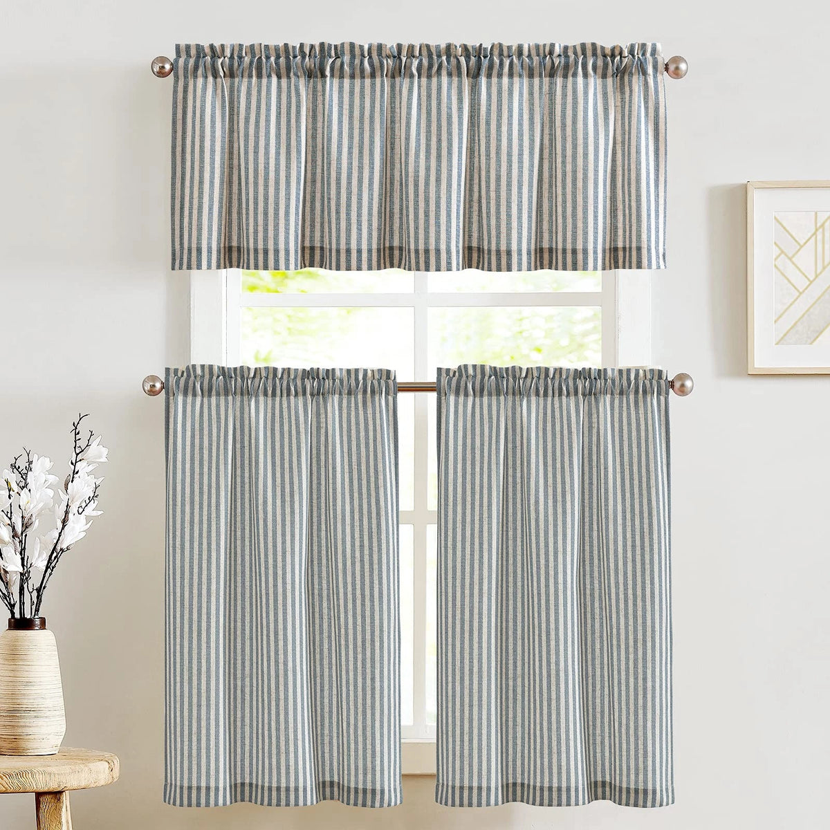 Pack of 3 Striped Kitchen Curtains 26"W x 24"L - Stripe Blue