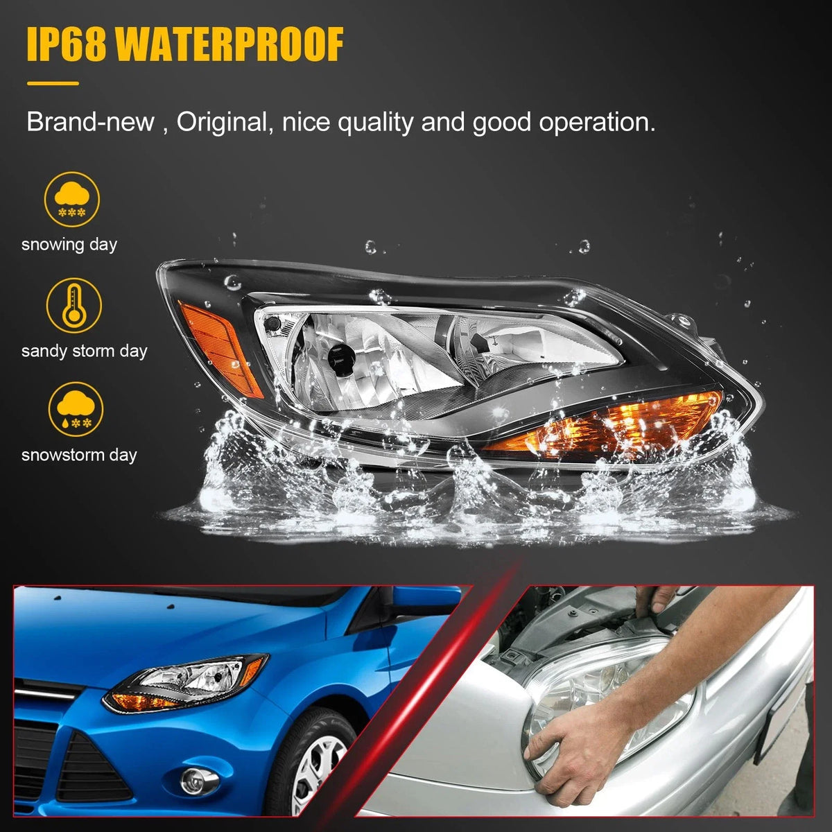 Headlight Assembly for Ford Focus (2012–2014) Black Housing Left+Right Pair