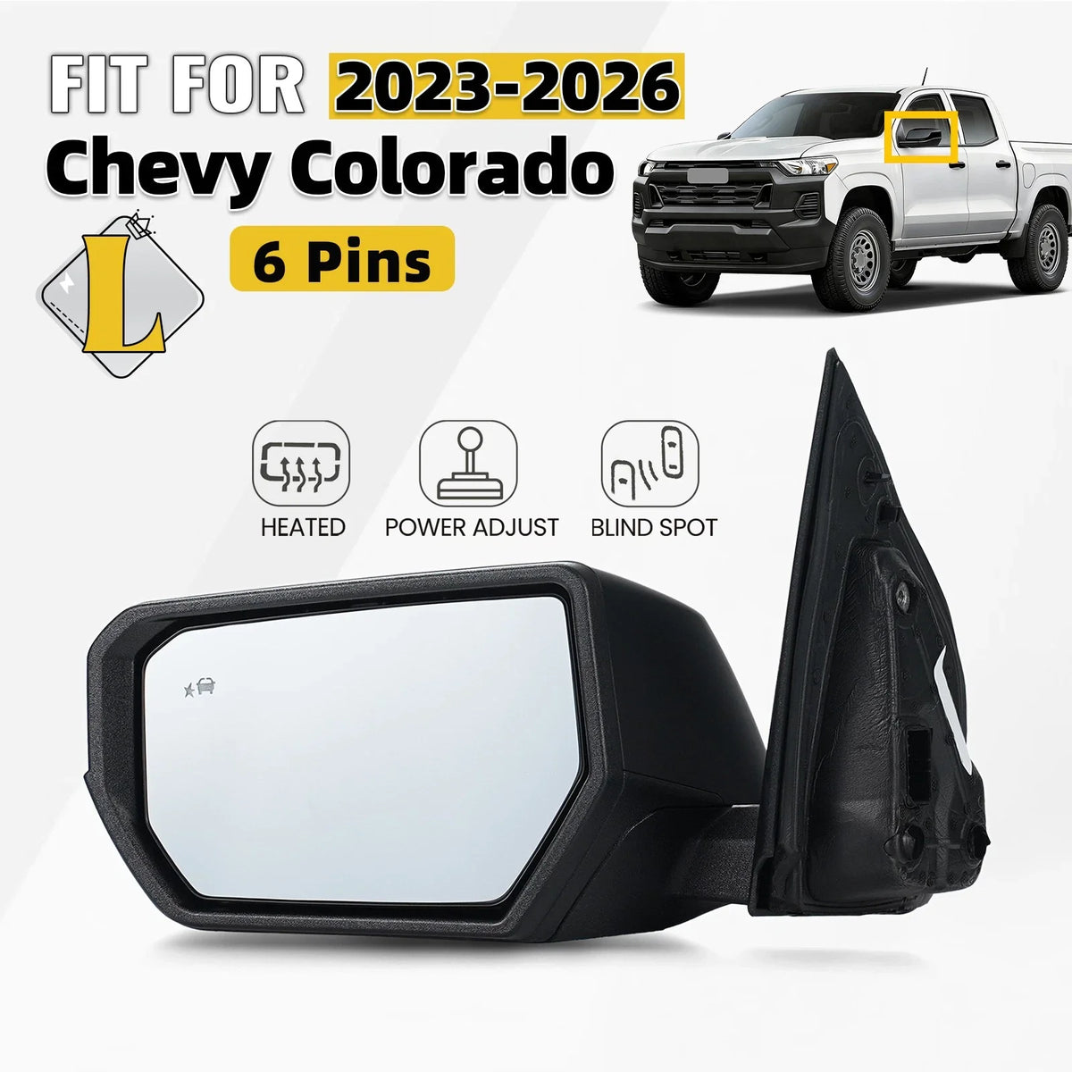 Left Side Mirror for Chevy Colorado (2023–2026) W/Heated, BSD, Power Adjust, 6 Pins