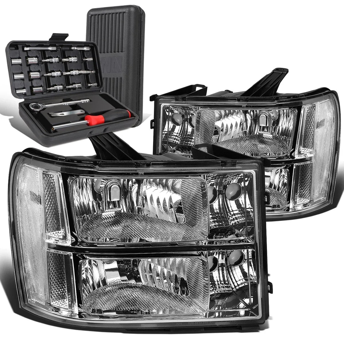 Pair of Chrome/Clear Signal Headlight Lamps for GMC Sierra 1500 (2007–2013)