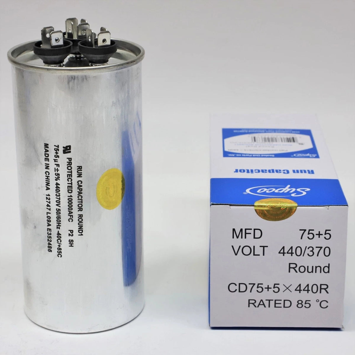 75 + 5 MFD Dual Run Capacitor for HVAC Motor (440 Volts)