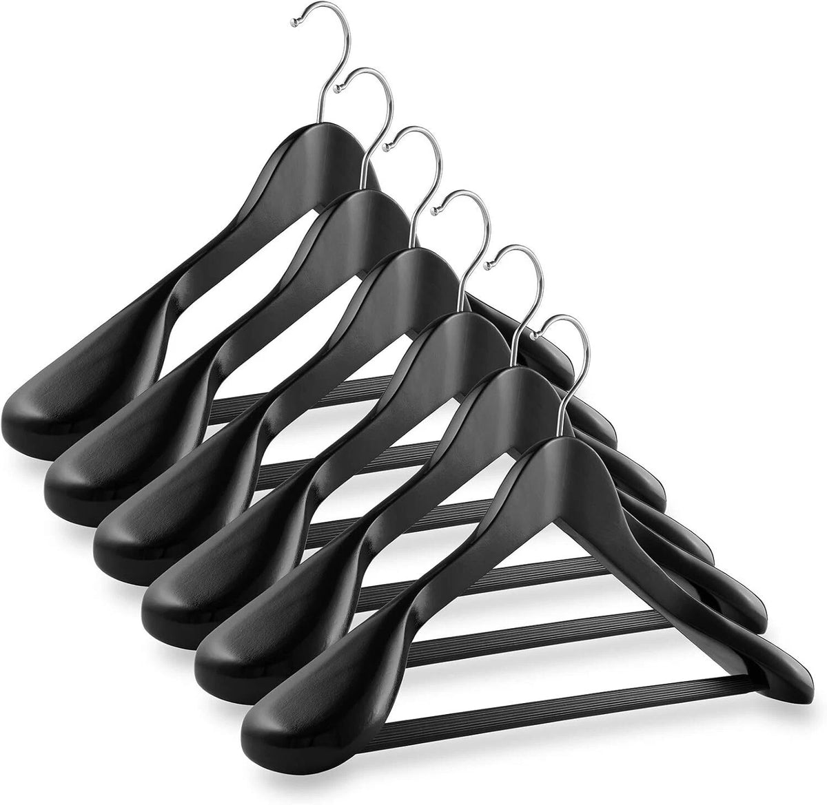 Set of 6 Black Wide Shoulder Wooden Suit Hangers for