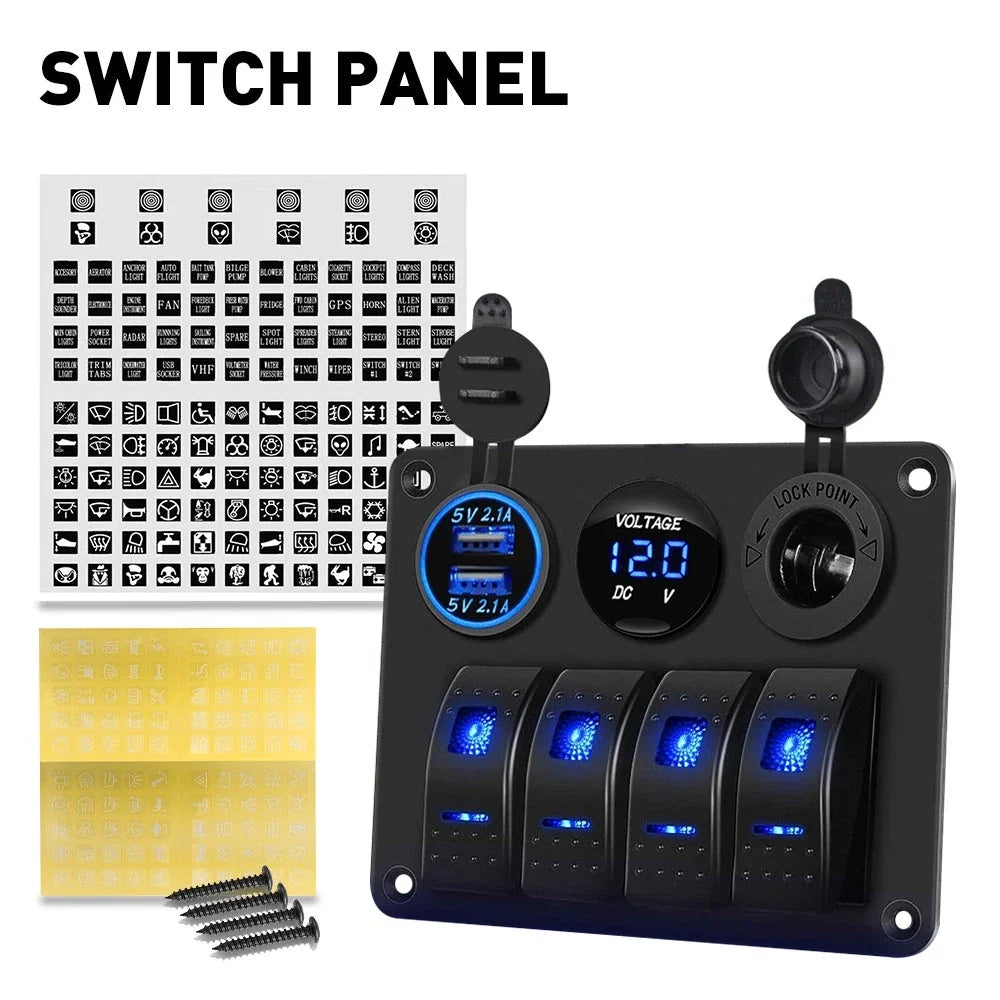 4 Gang USB LED Rocker Switch Toggle Panel for Marine Car Boat