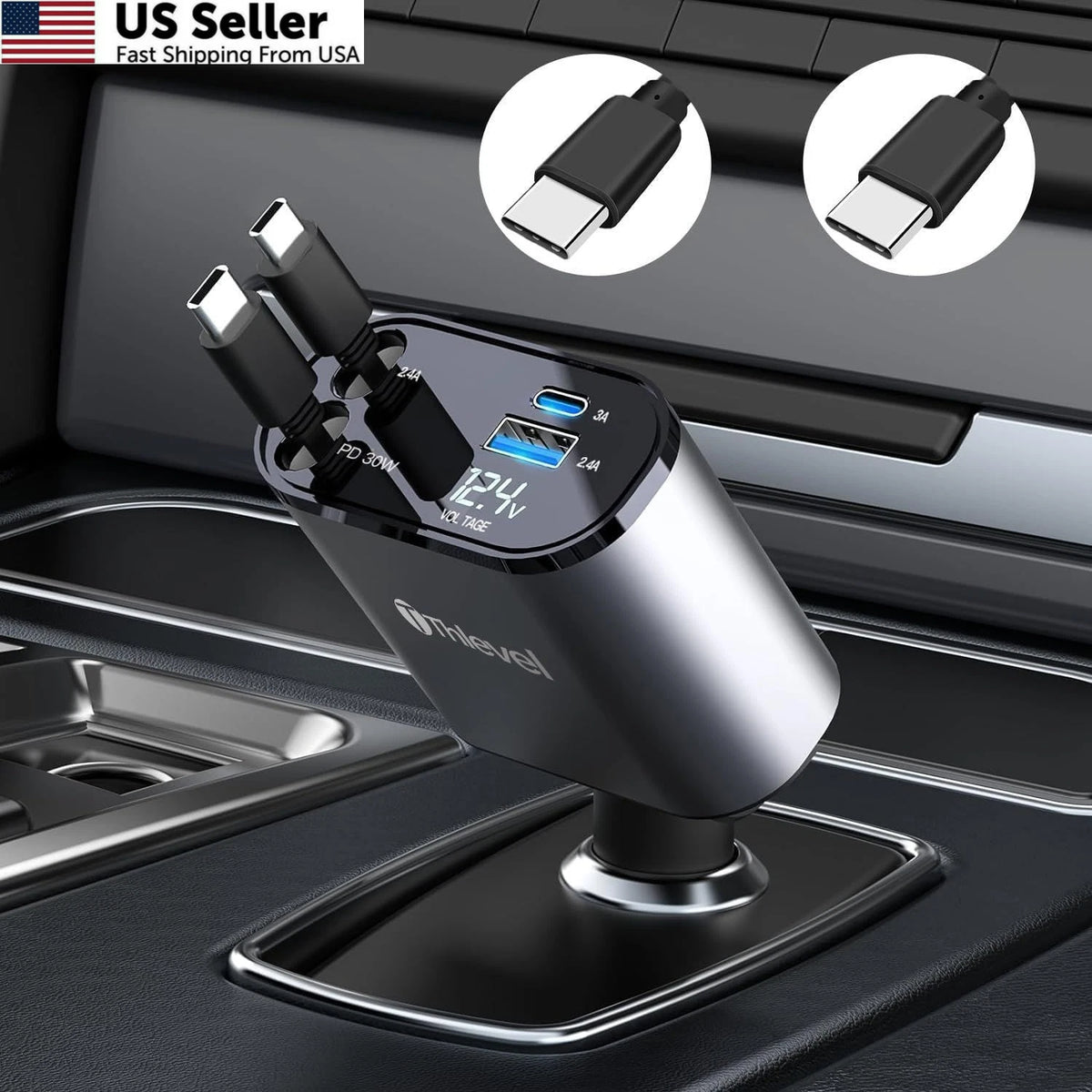 4-in-1 USB C Fast Retractable Car Charger for Universal Use