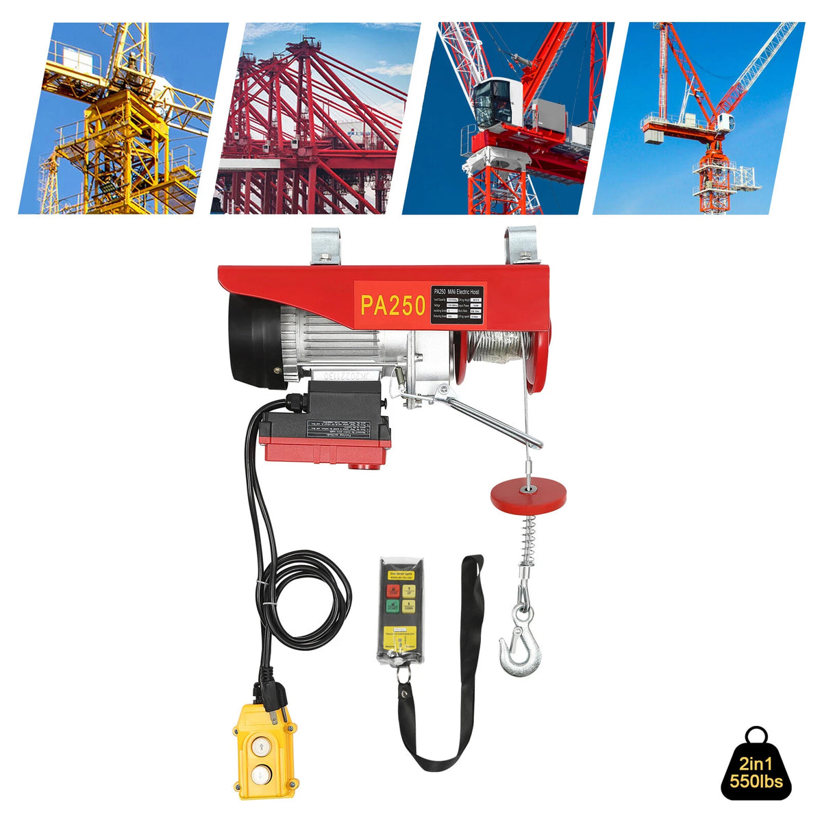110V Electric Hoist Winch with Wireless Remote Control (250KG/550LBS)