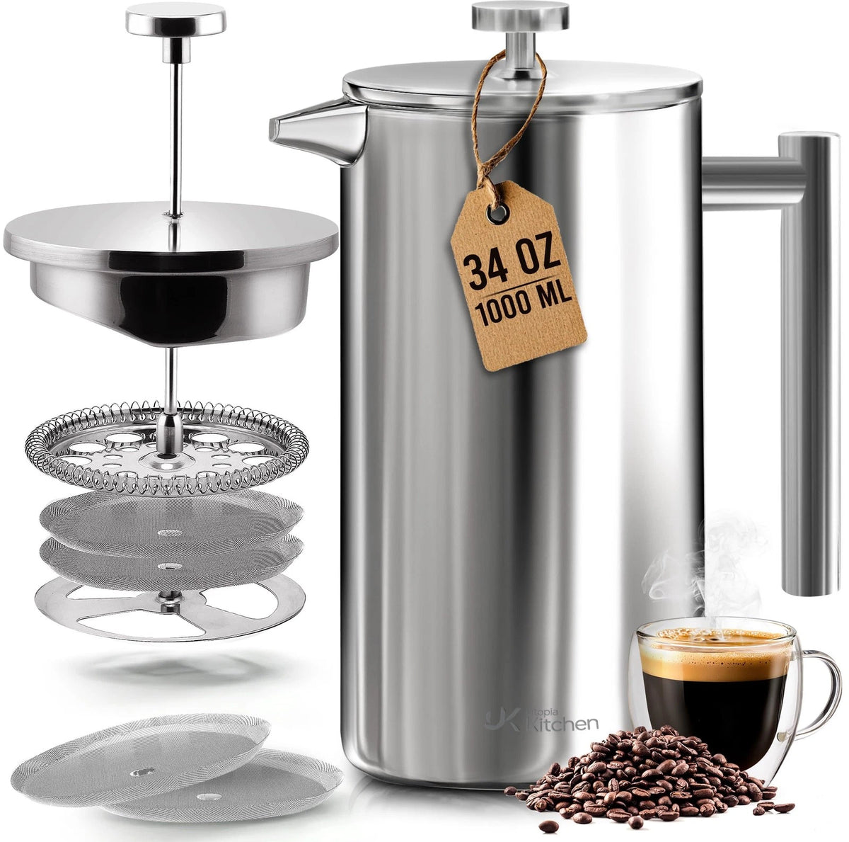 34 Ounce Stainless Steel French Press for Utopia Kitchen